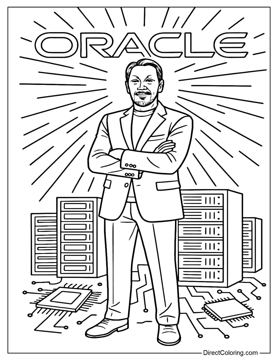Larry Ellison and the Oracle Wall Coloring Page Larry Ellison coloring page with a large Oracle logo behind him, looking confident.