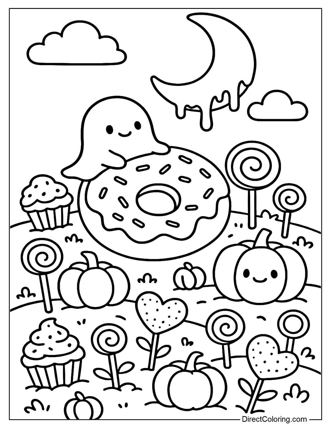 Coloring page of pumpkin candy fields stretching out, pumpkins growing between lollipops and cupcakes. Little ghosts lying on giant donuts.