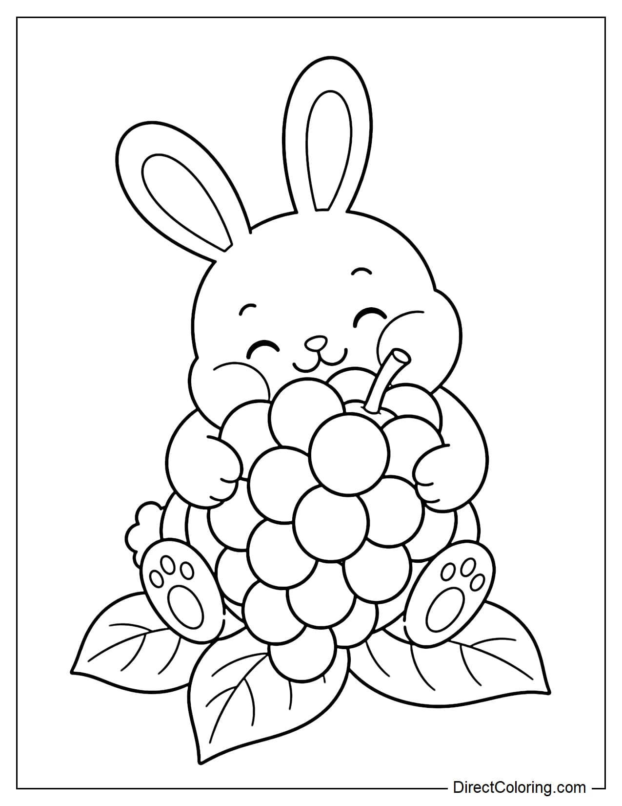A rabbit sits hugging a giant bunch of grapes almost as large as its body, gently pressing both cheeks against the grapes.