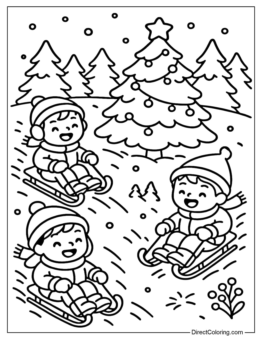 A group of children sledding on the hill coloring page.