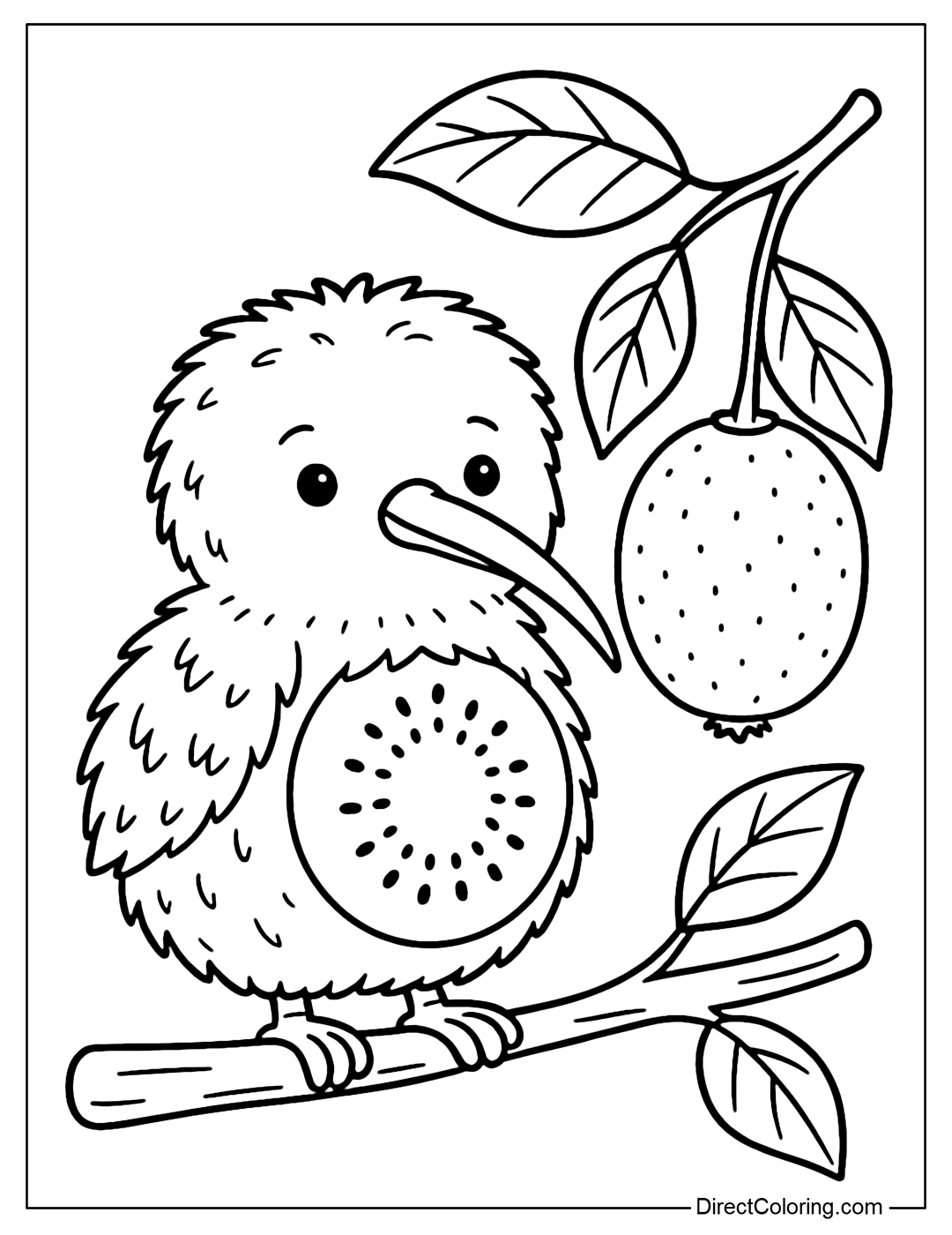 A small kiwi bird coloring page with a rough kiwi-like fur, a round belly with seeds and stripes like a halved kiwi.