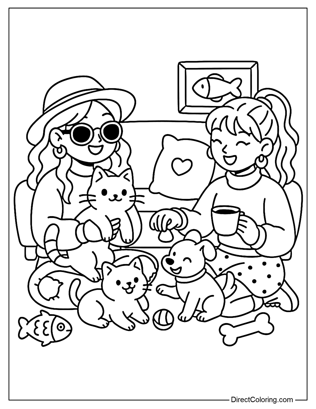 Coloring page of two girls playing with cats and dogs in the living room, with pet toys and pillows.