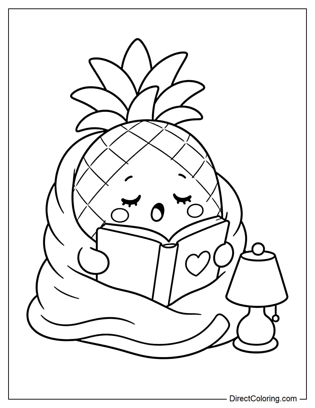 A small pineapple is wrapped in a warm, soft blanket, reading a book with a sleepy expression, next to a small night light.
