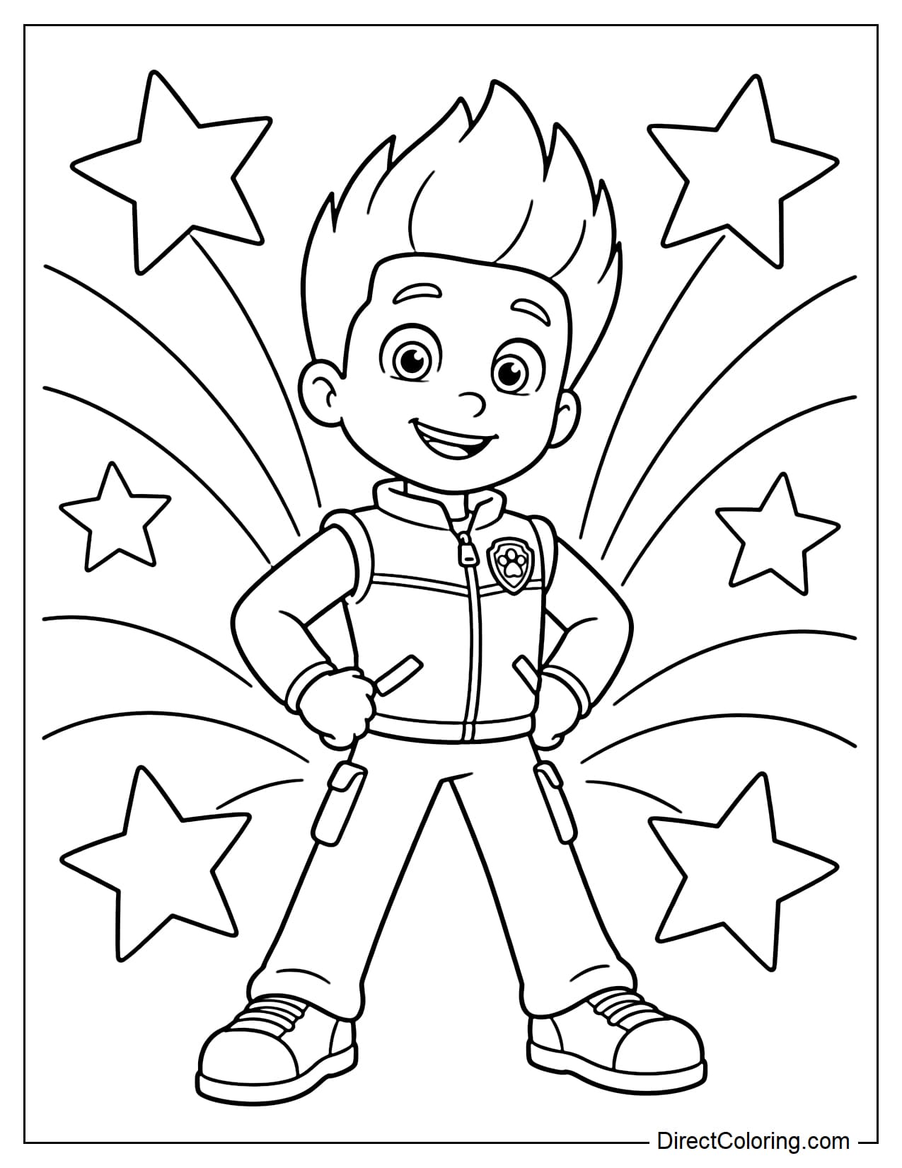 Ryder stands confidently in a cool hero pose with his feet apart and hands on his hips, smiling proudly, with curved rays and large stars behind him.