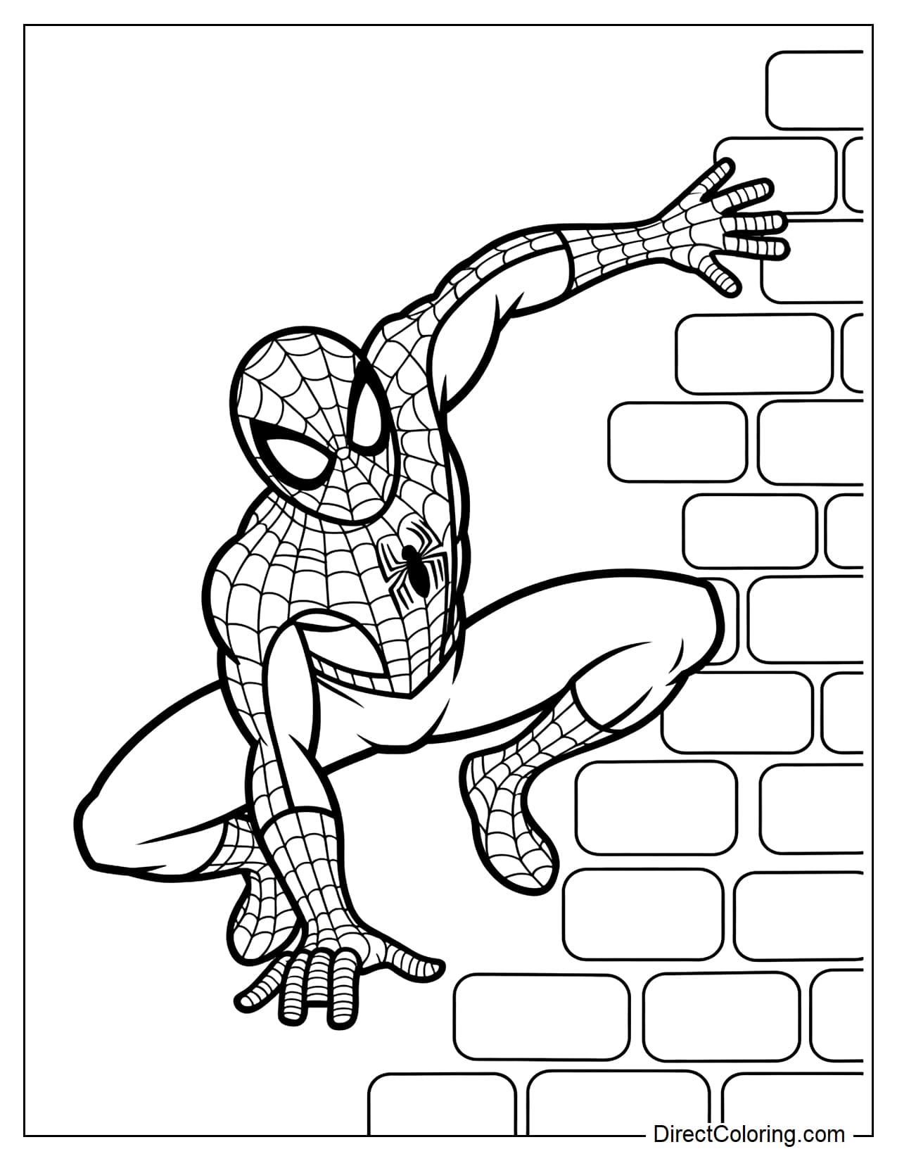 Spider-Man crawling on a simple wall in a fun and recognizable pose, with several large bricks beside him.