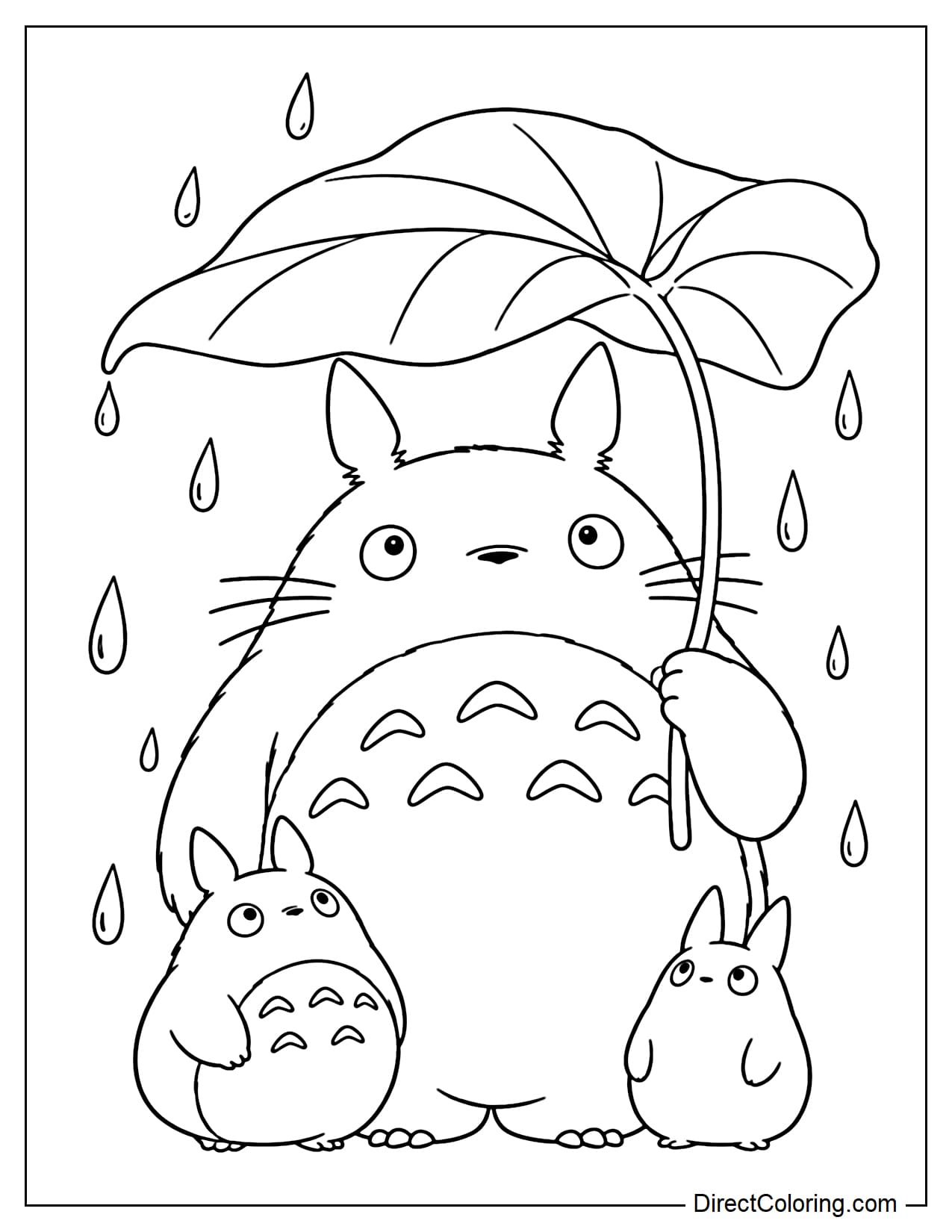 Totoro holds a giant leaf overhead like an umbrella, sheltering two small Totoros standing close beside his feet from the rain.