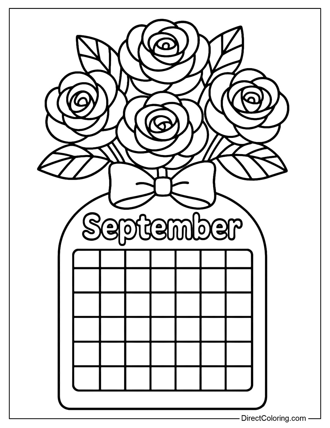 September calendar coloring page features a rounded calendar frame at the bottom and a large bouquet of roses at the top.