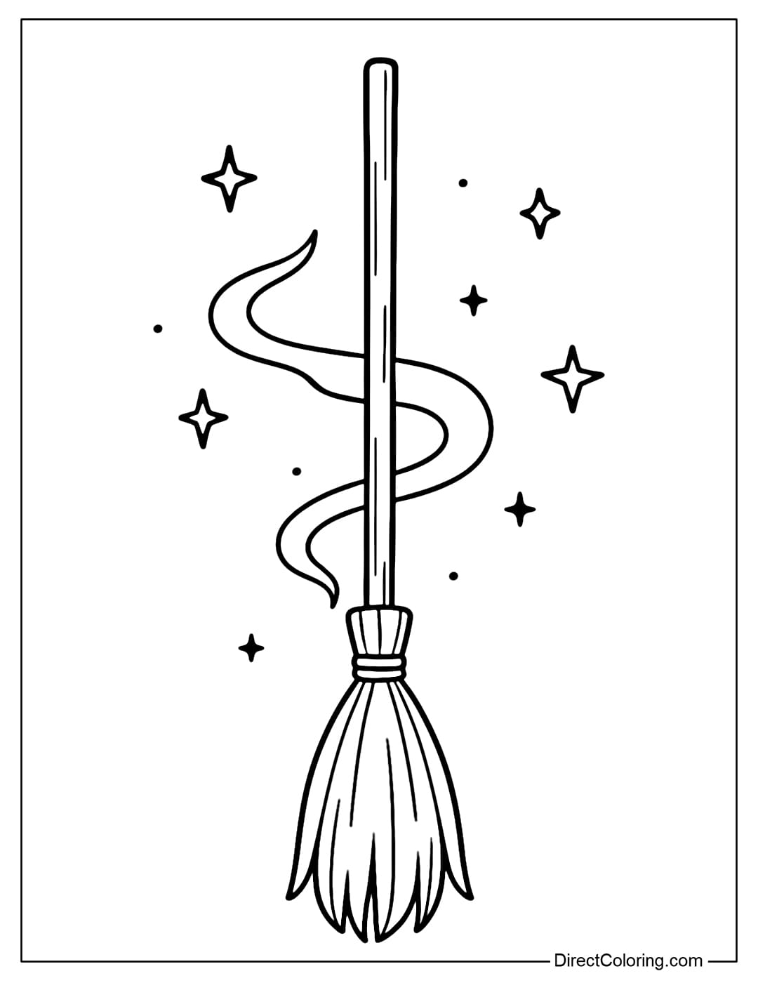 Coloring page of a standing witch's broom, surrounded by a few small stars and a light smoke trail.