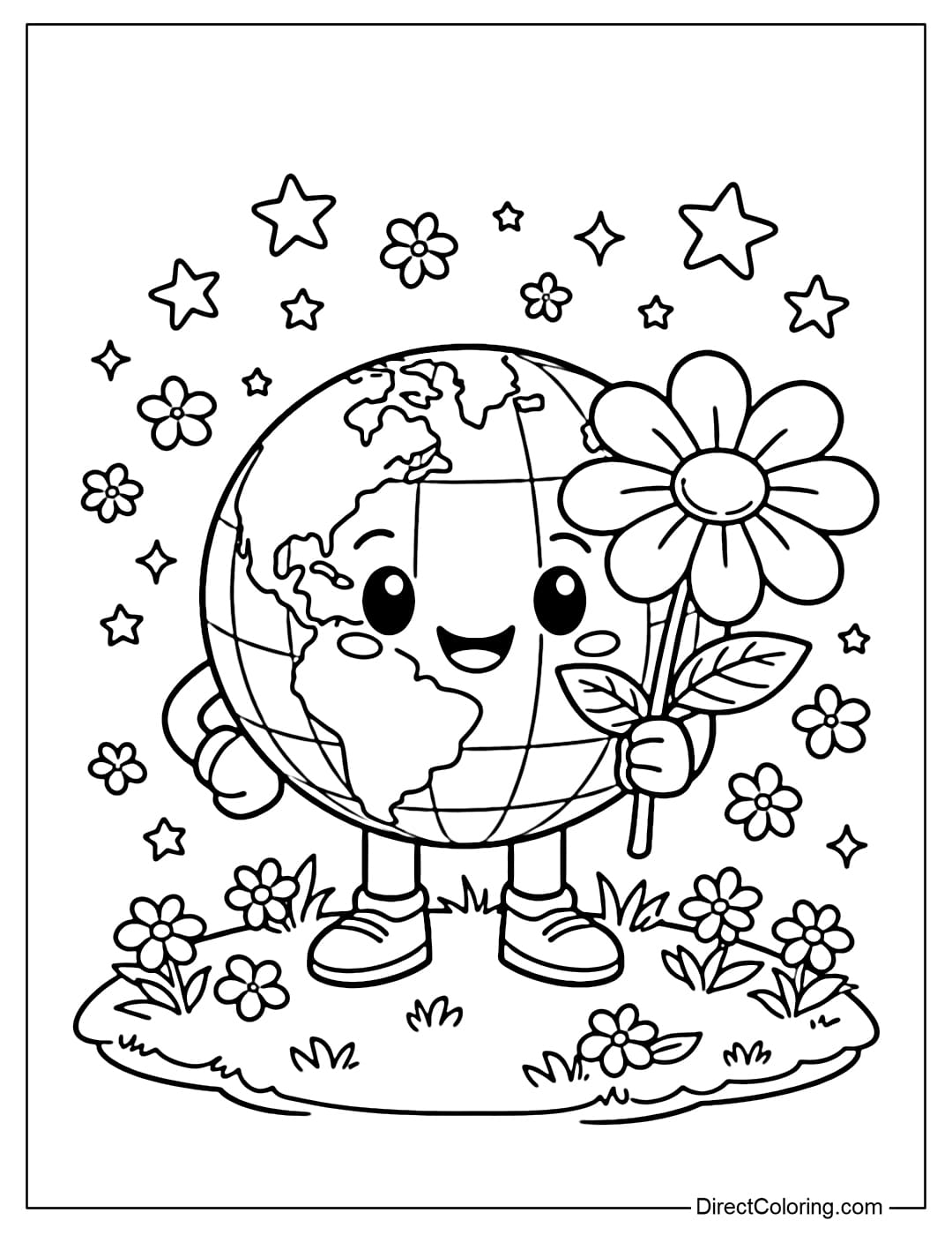 Coloring page of a Kawaii Earth standing on a small patch of grass and holding a large flower.