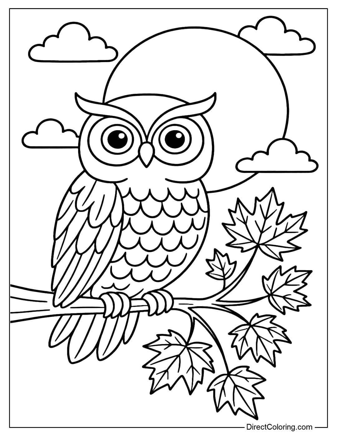 Coloring page of an owl sitting on a yellow maple tree branch, with a full moon shining behind it.