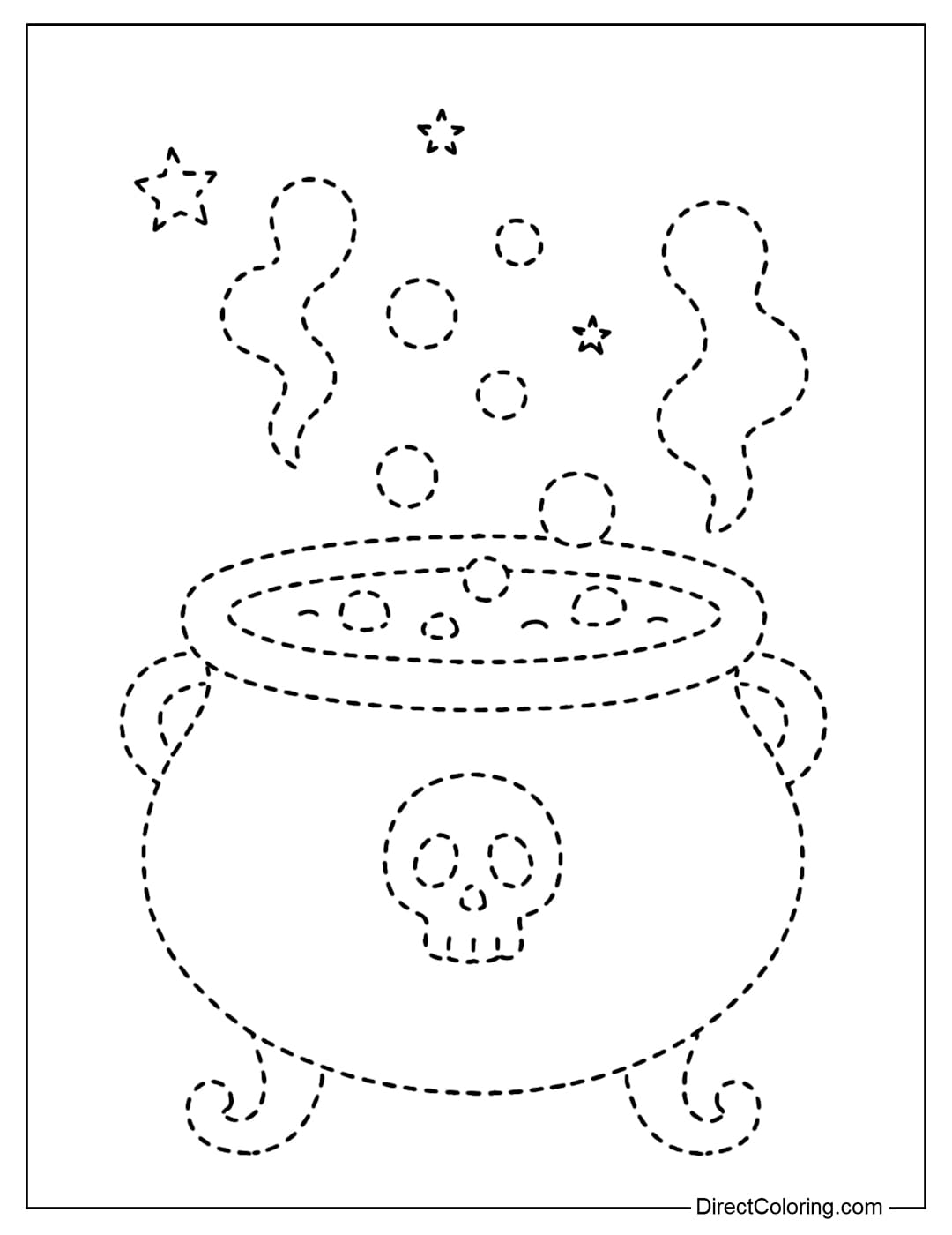 A round Halloween poison cauldron tracing coloring page, with bubbles rising from the liquid inside.