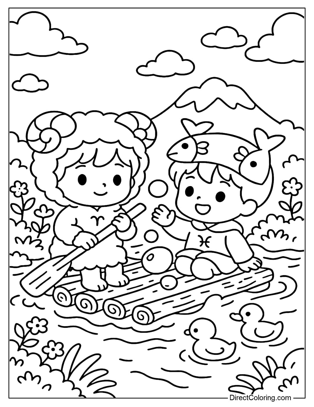 Coloring page of Aries and Pisces sitting on a wooden raft floating on the river, surrounded by round waves, flower bushes on the shore and a few swimming ducks.