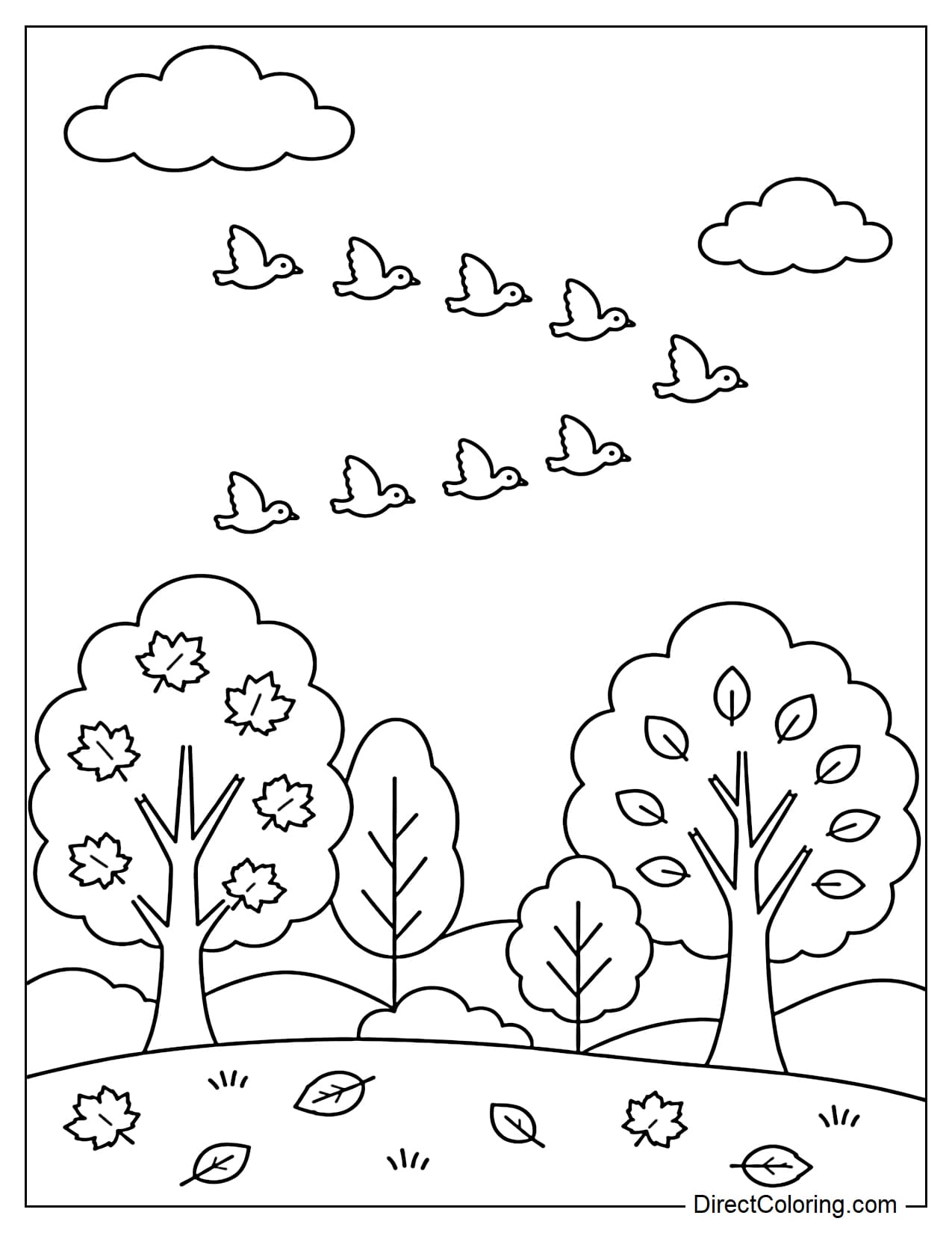 A flock of birds flies in a V-shape across the September sky, with autumn trees and low hills below, a scene of gentle seasonal transition.