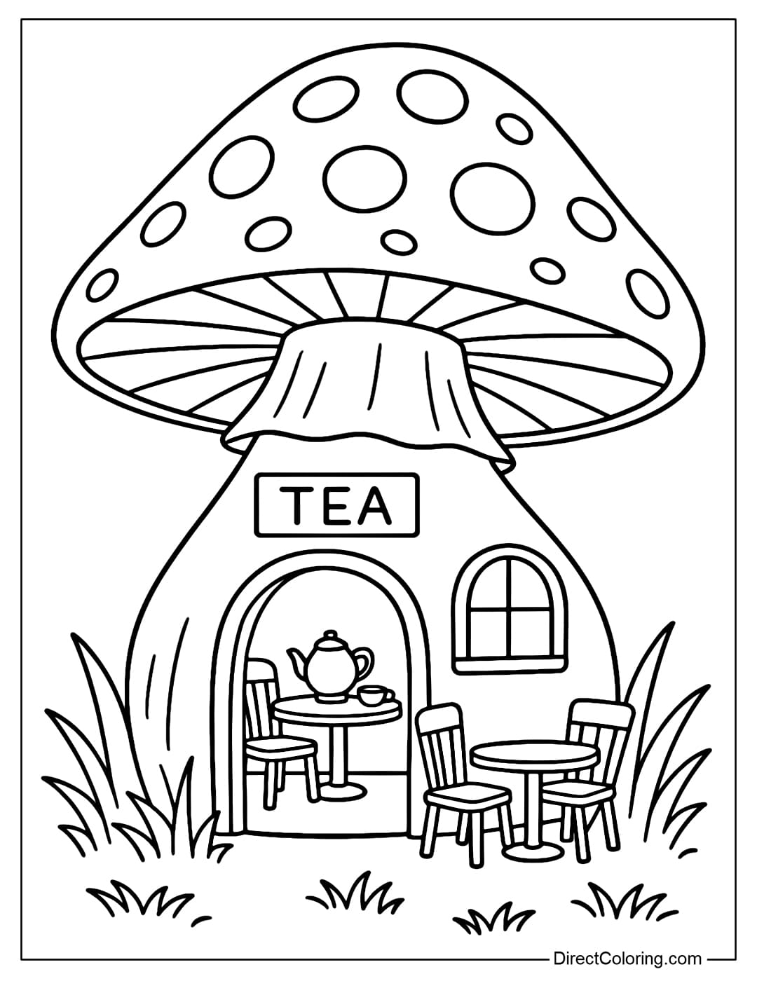Cozy Mushroom Tea House Coloring Page A small tea house coloring page in a mushroom, with wooden tables and chairs and warmly lit windows.