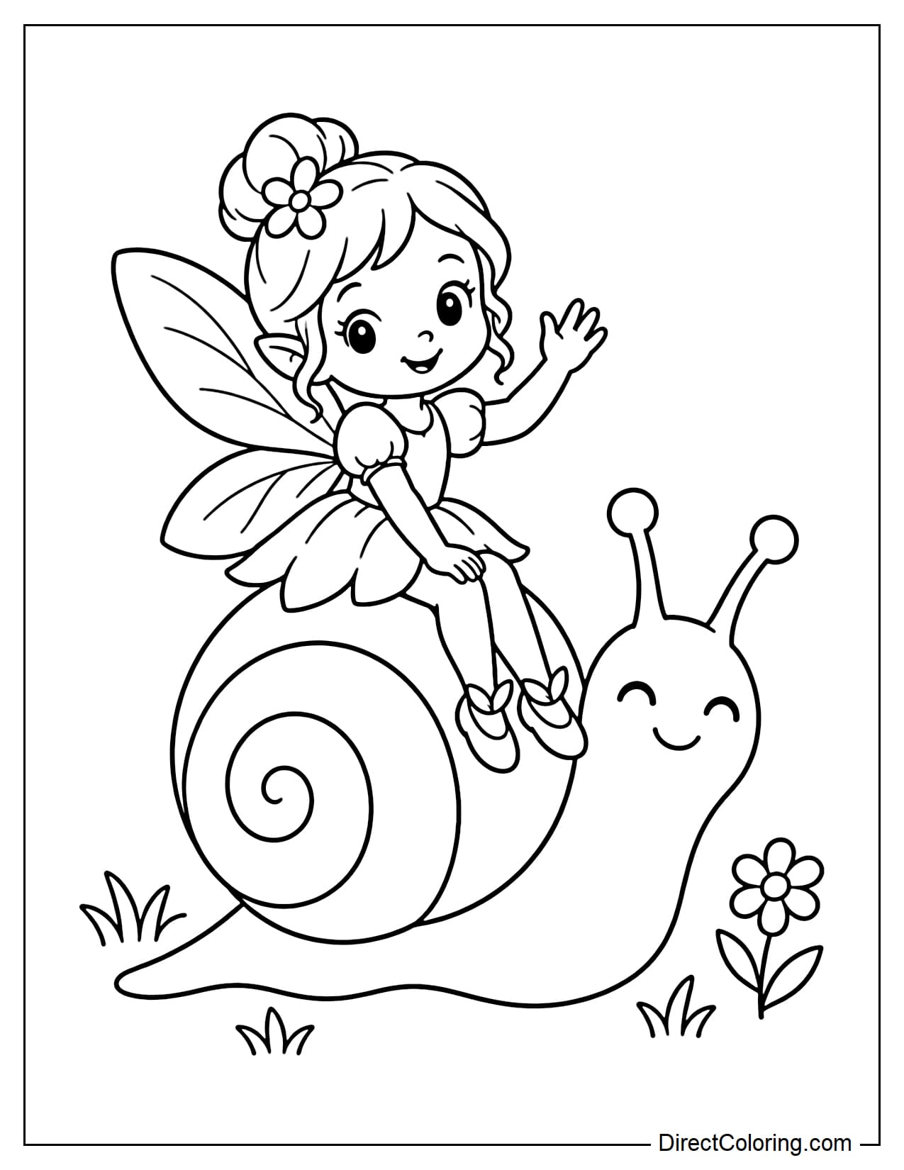 A small fairy is happily sitting on the back of a friendly snail, raising one hand to wave. Small patches of grass and a simple flower appear below.