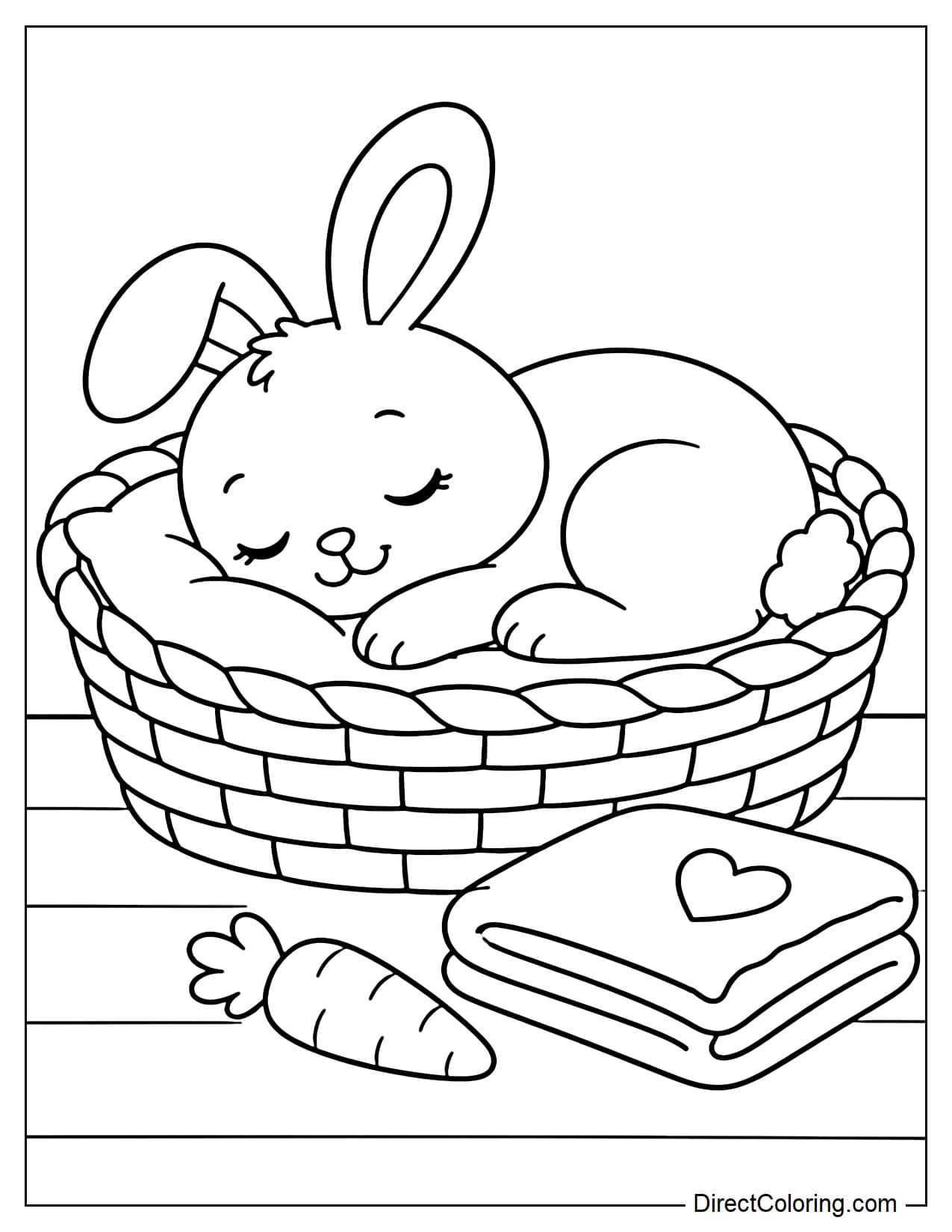 A small rabbit is curled up asleep in a low woven basket, with its head resting on a soft pillow. A folded blanket and a small carrot sit beside it.