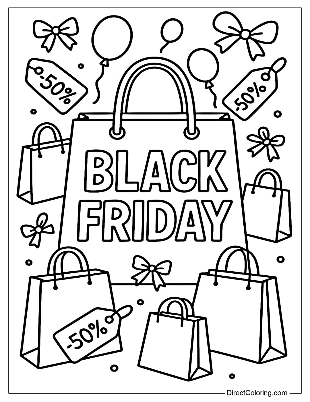 A coloring page with a shopping bag with the word BLACK FRIDAY. Surrounded by many smaller bags, discount tags, balloons and bows.