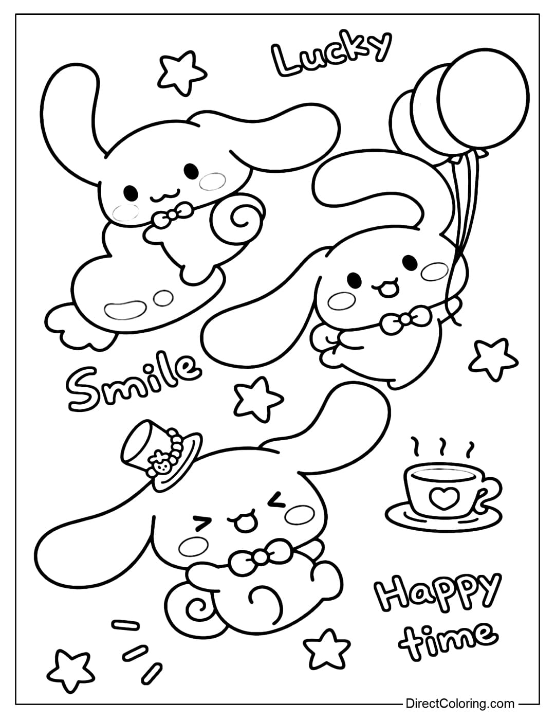 A coloring page featuring many cute Cinnamorolls with funny expressions, along with stars, balloons, and a teacup.