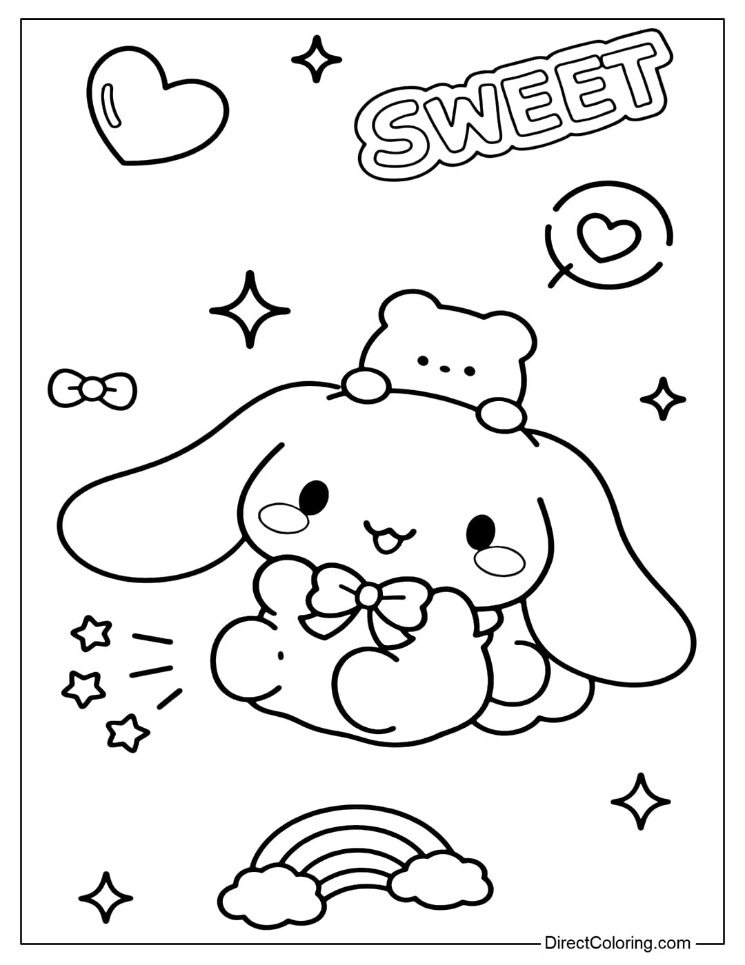 Cinnamoroll is wearing a small bear on her head, surrounded by the word SWEET, sparkling stars, and a small rainbow.