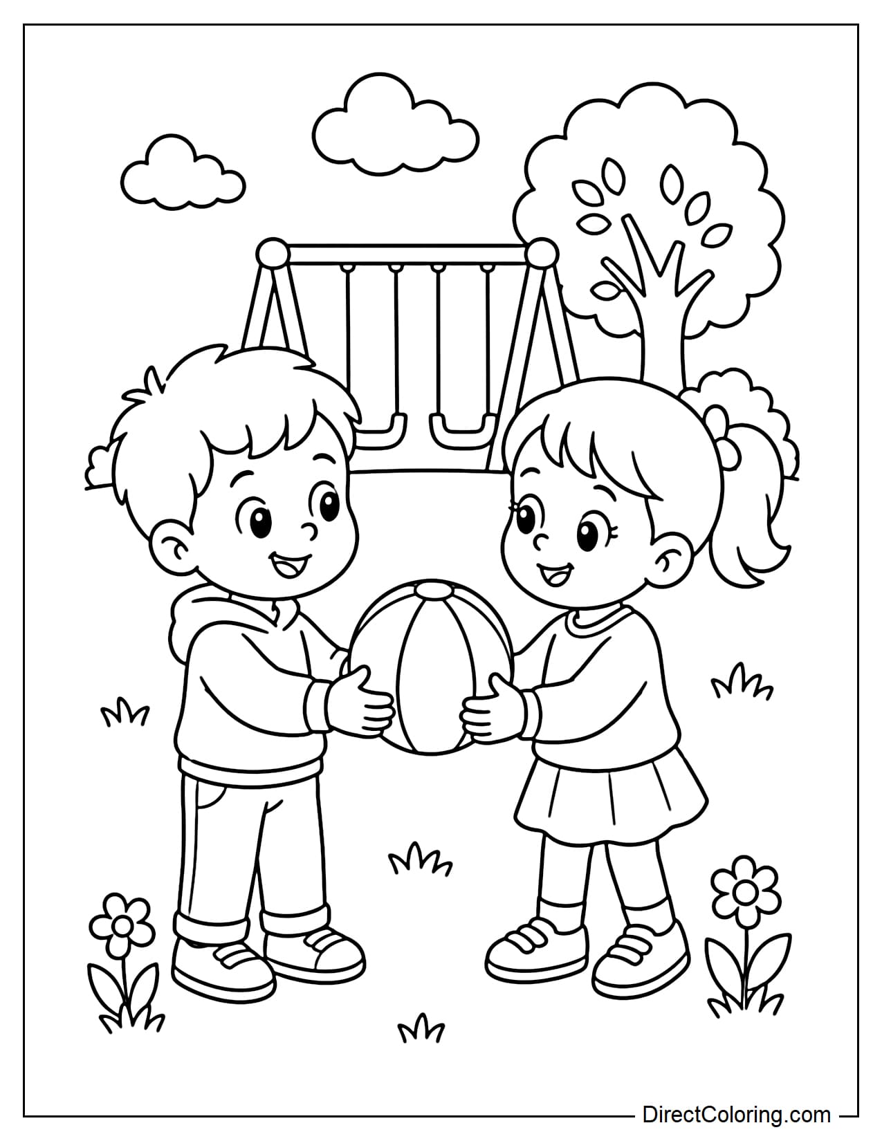 Two children meet for the first time in the playground during recess, smiling and holding a ball together. Behind them are a swing, green trees, and some clouds.