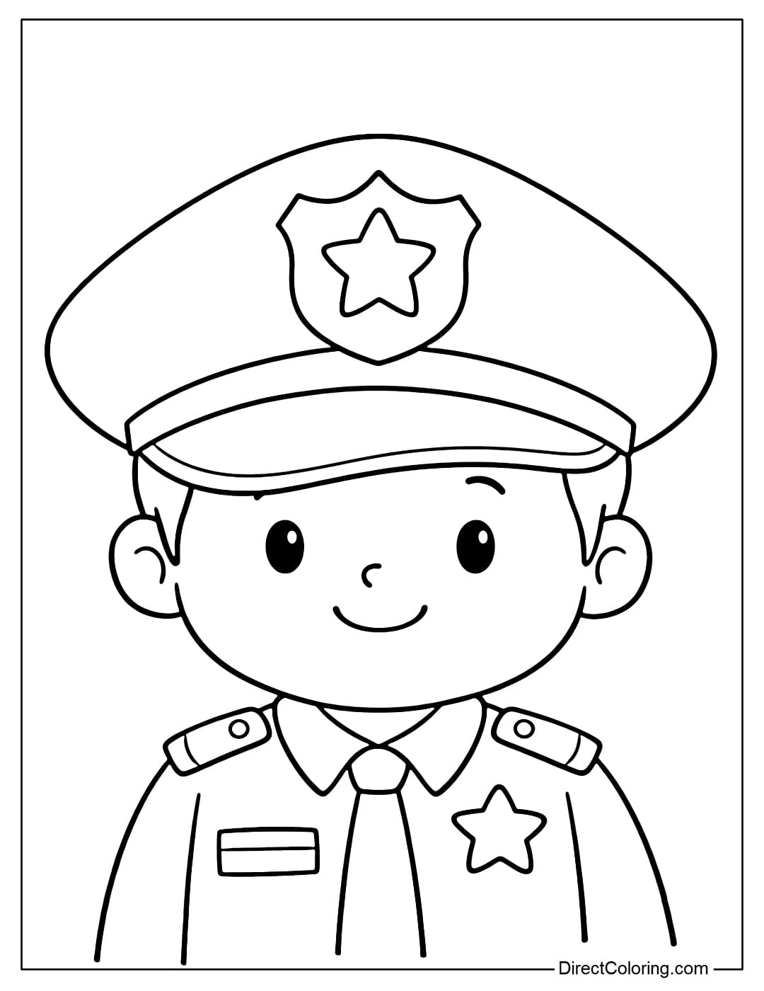 Coloring page of a police officer wearing a simple, large hat that partially covers his head, with a friendly face.