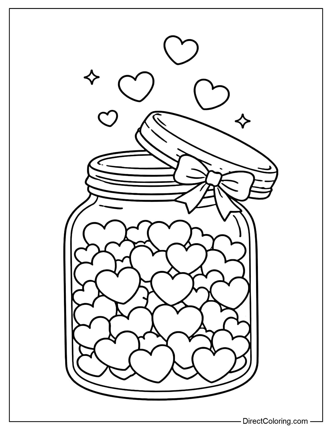 Coloring page of a glass jar filled with small hearts, the lid slightly open, a sweet feeling.