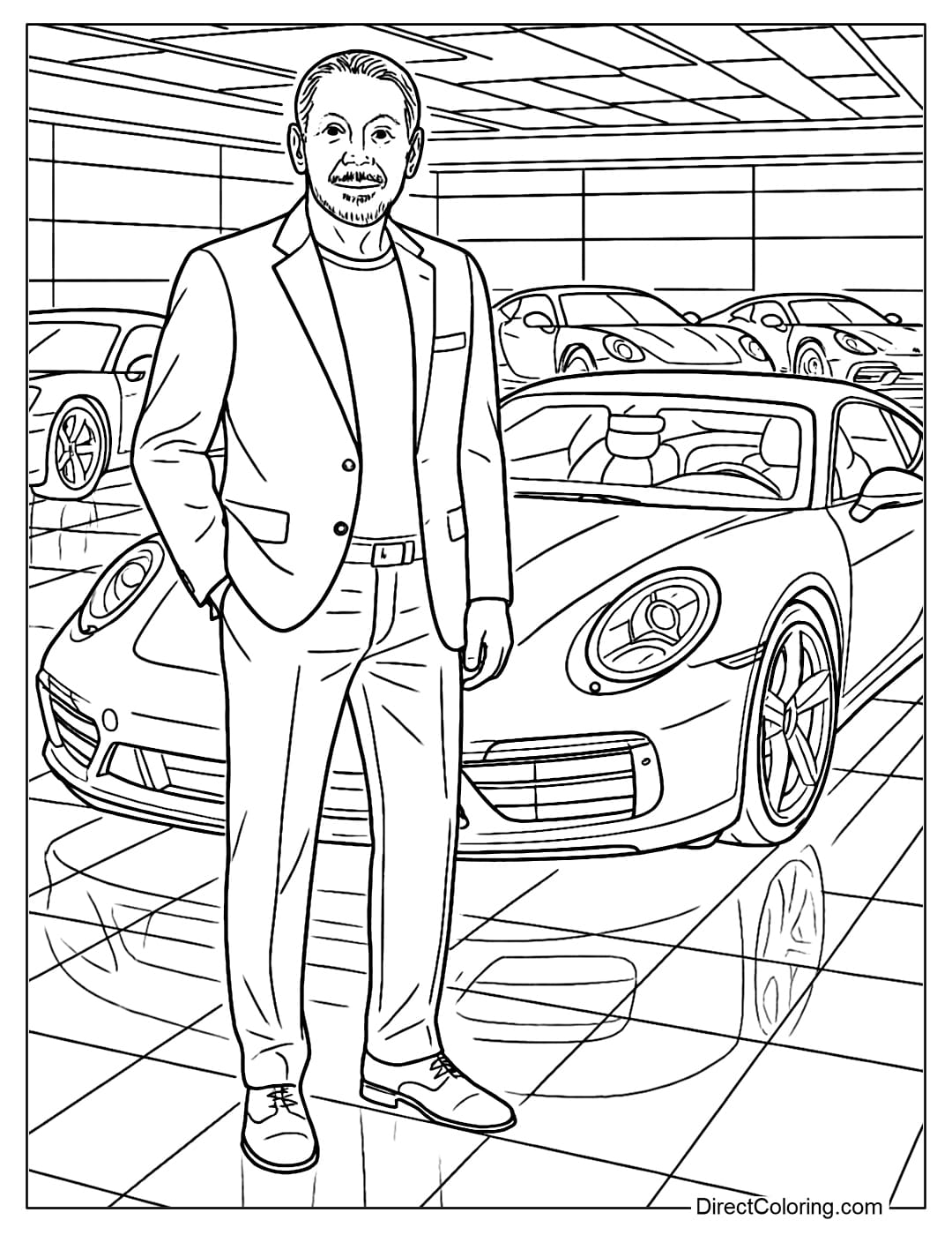 Larry Ellison in the Supercar Garage Coloring Page Larry Ellison Coloring Page standing next to a shiny supercar, with a modern garage behind him.
