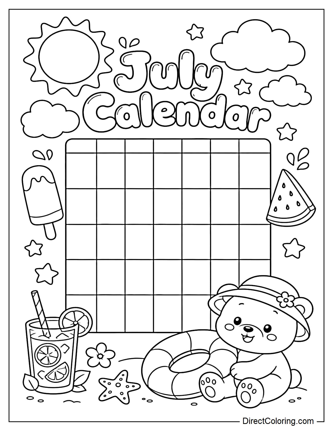 The July calendar above has the words 