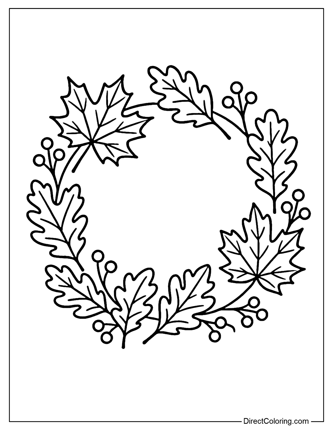 A laurel wreath coloring page made from maple leaves, oak leaves, and a few small berries.