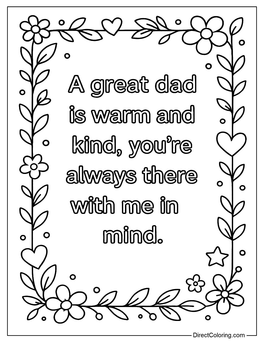 a coloring page of a short poem for your dad in a soft patterned frame with room to color in flowers, hearts, or decorative motifs