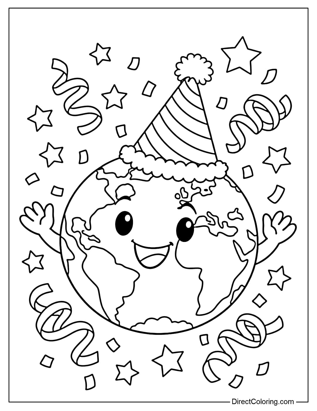 Coloring page of an Earth wearing a birthday hat with many stars and confetti flying around.