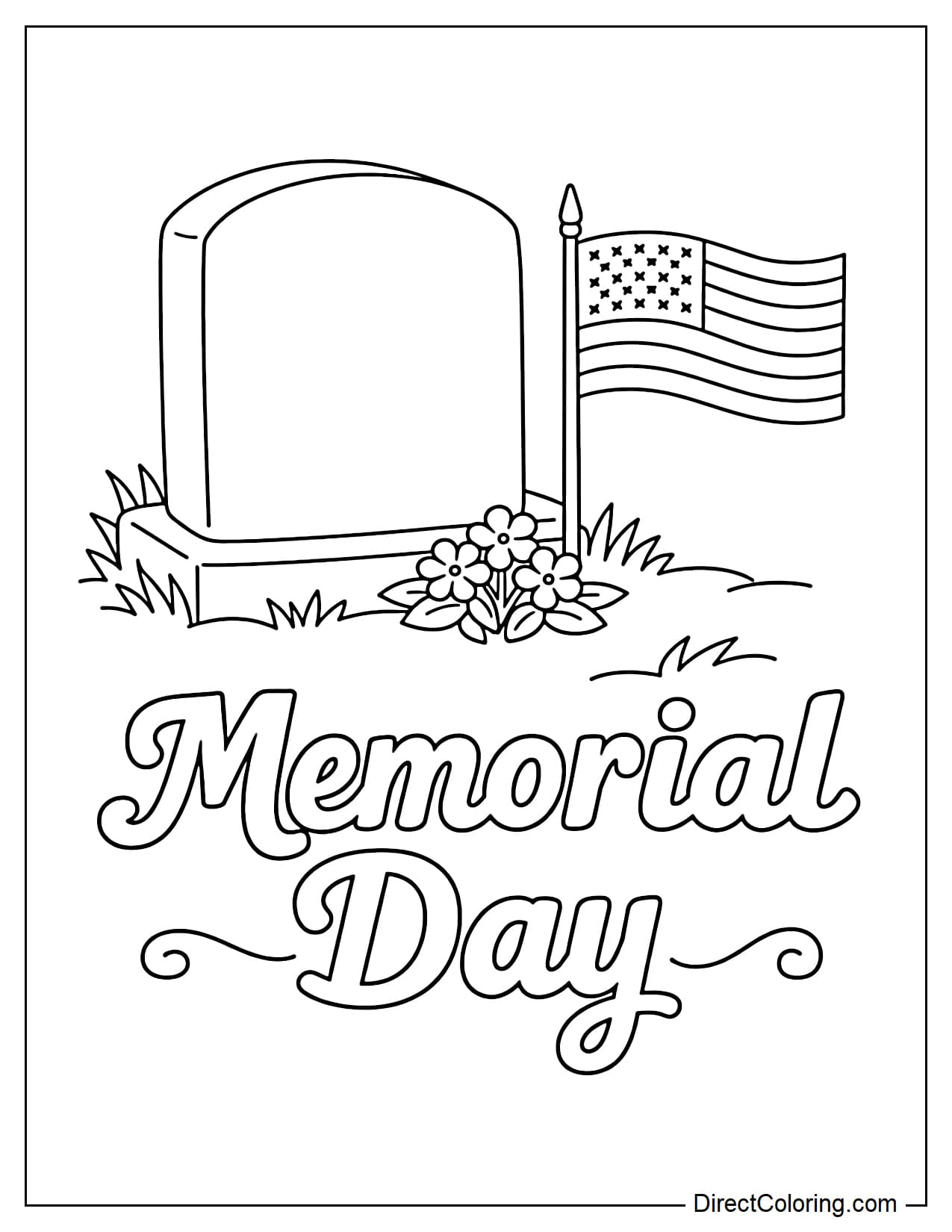 A small flag is planted next to a simple tombstone, with the words 