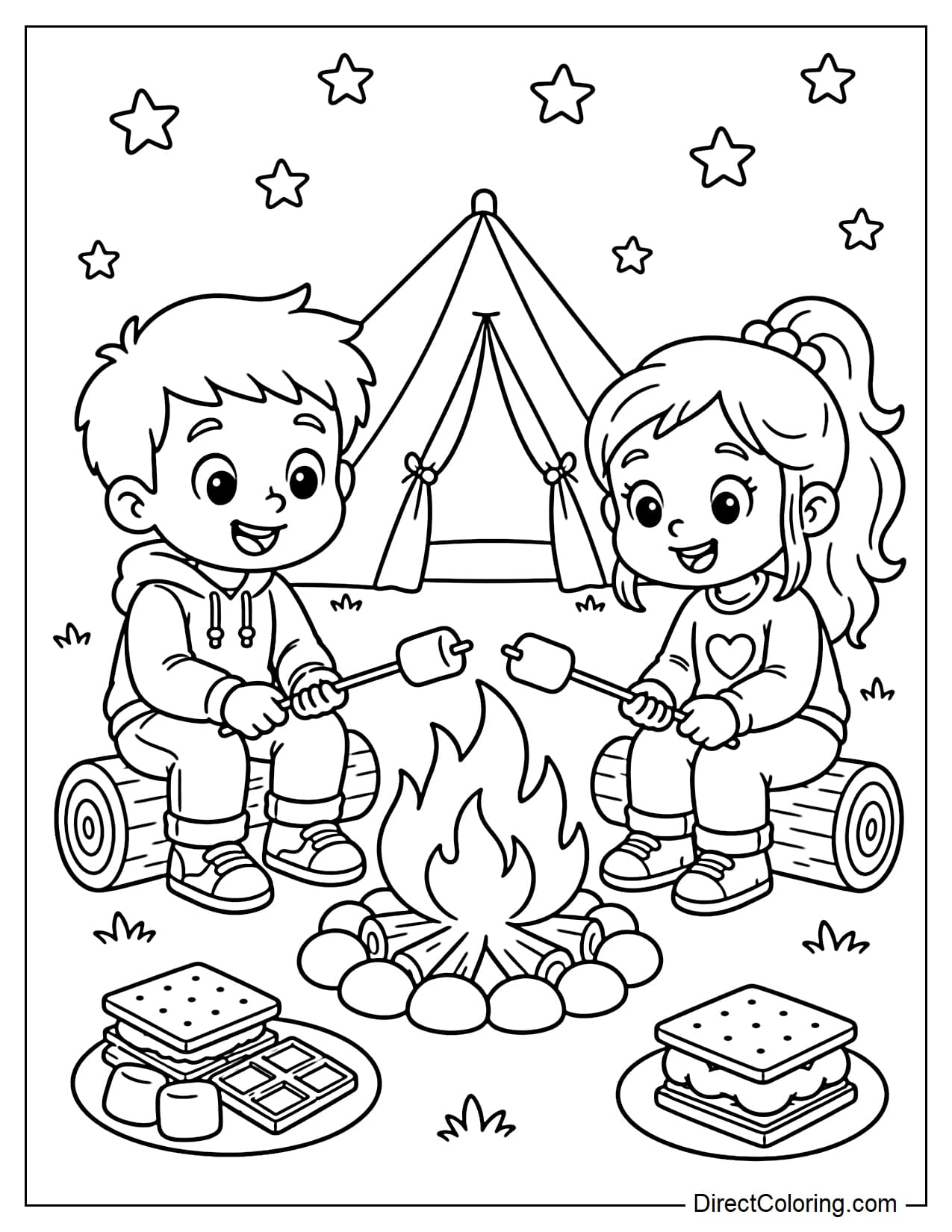 Two children are roasting marshmallows by the campfire to make s'mores, with a small tent and some stars in the sky behind them.