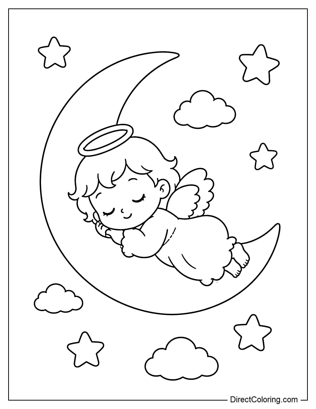 A little angel sleeps peacefully on a large crescent moon with wings neatly folded; large stars and small clouds are scattered around.