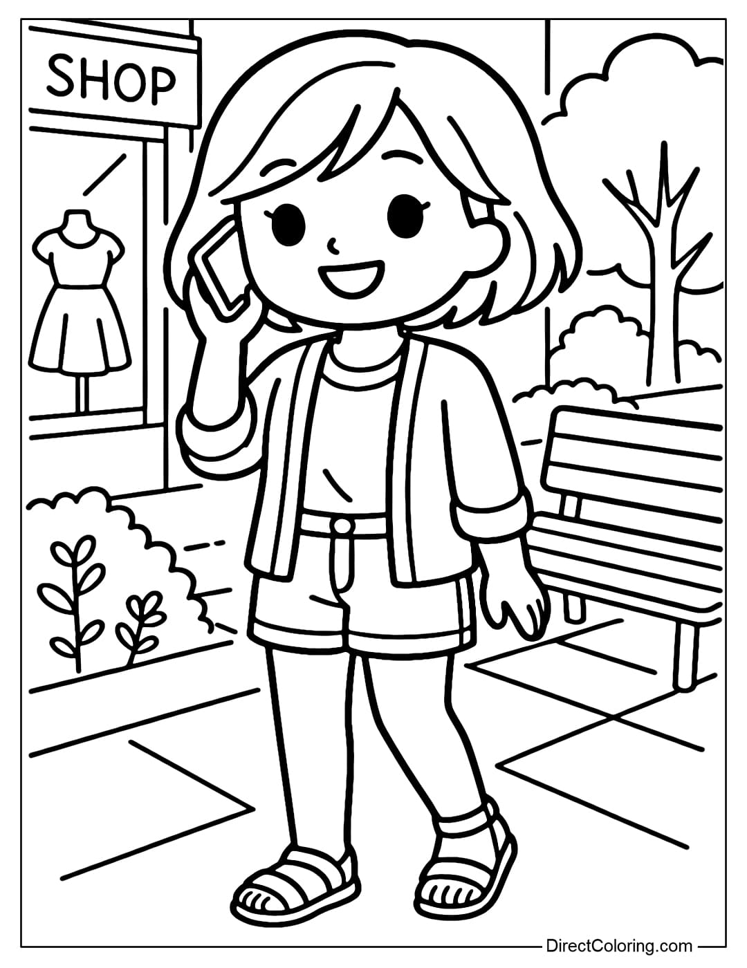 a short-haired girl coloring page, holding a phone in her hand as if chatting. The scene is a small street corner with a bench, trees and a fashion store behind.