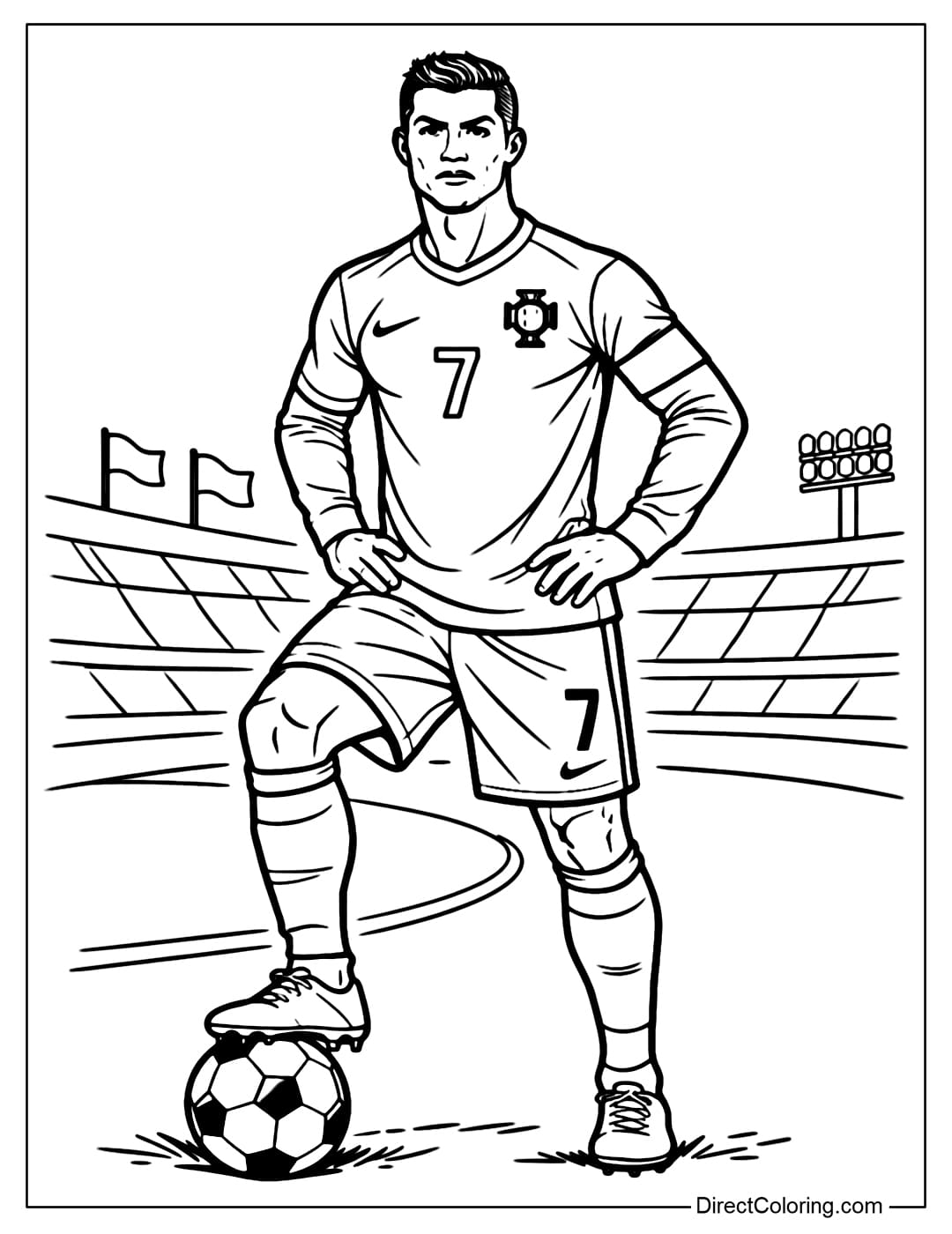 Coloring Page Cristiano Ronaldo holding a ball at his feet, ready to play.