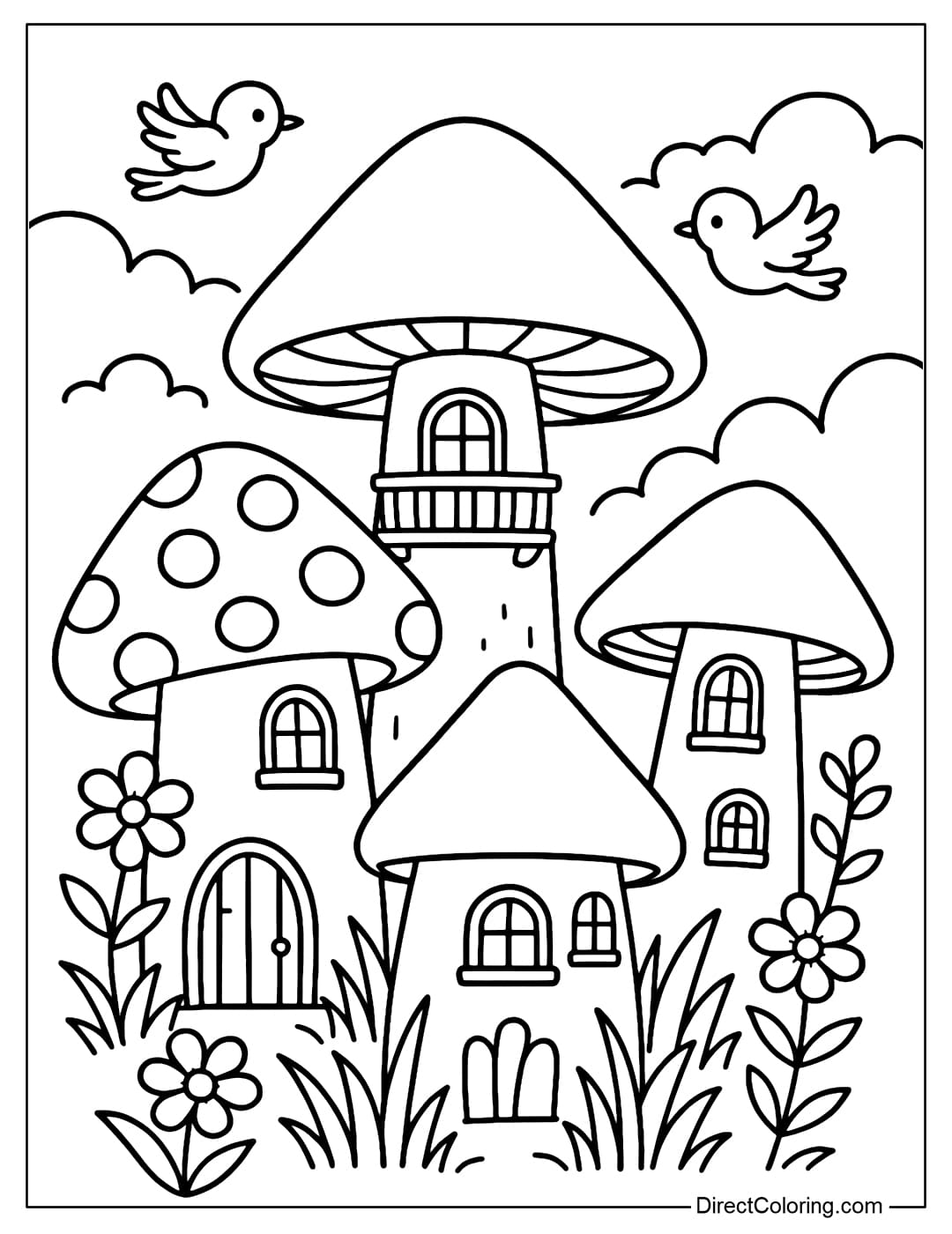 Fantasy Mushroom Village Coloring Page A fairy tale mushroom village coloring page, with big mushrooms turned into houses, with windows, balconies, and small birds flying around.