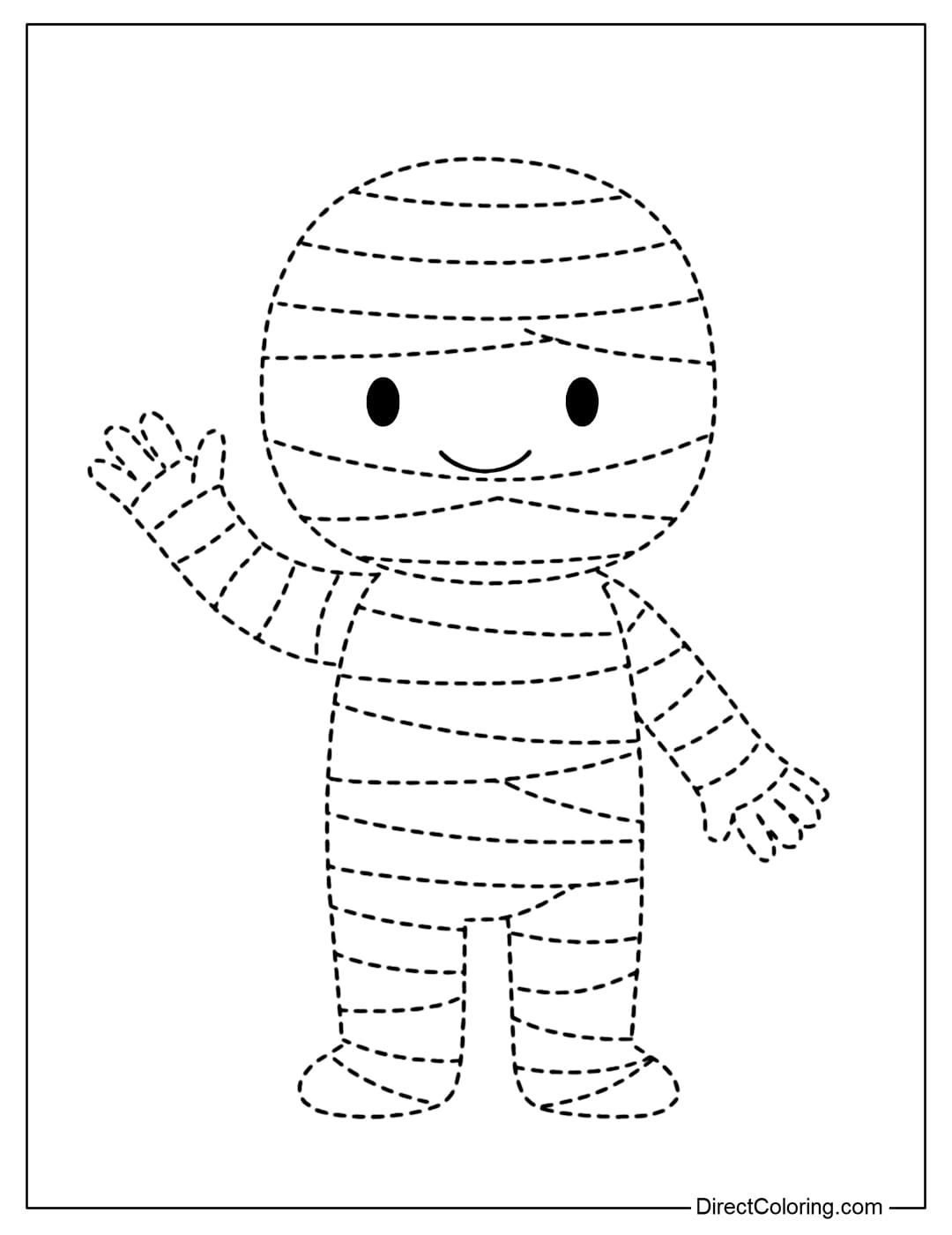 A little mummy tracing coloring page raising hands in greeting, the ribbon wrapped with dashed lines.