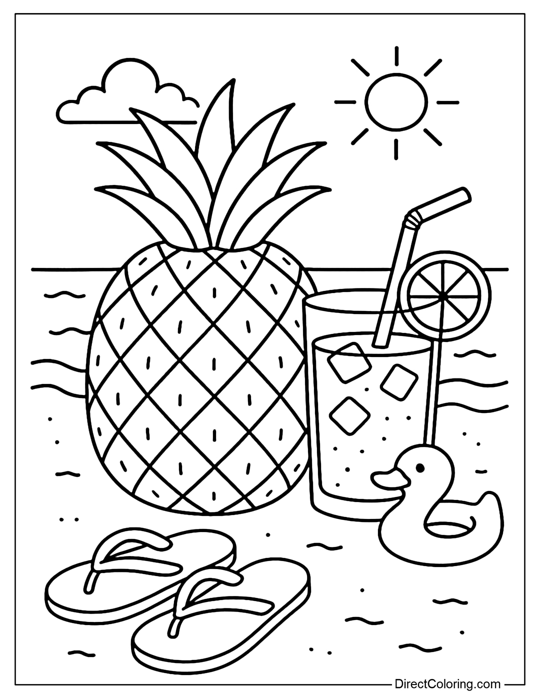 Coloring page of pineapple on the beach, next to sunglasses and flip-flops.