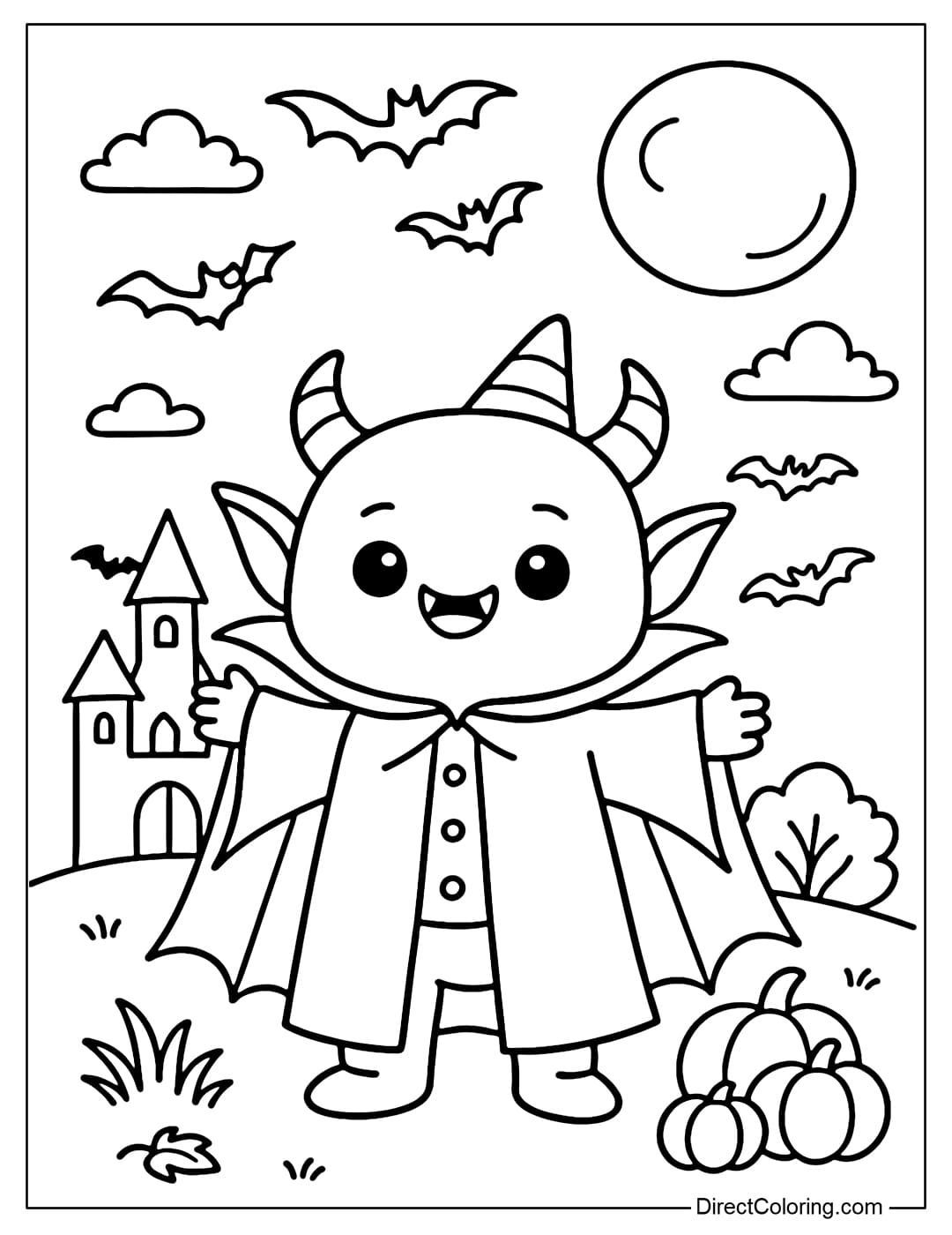 A cute vampire monster coloring page, with small fangs, wearing a loose cloak, arms outstretched as if greeting, with a full moon and a few flying bats behind.
