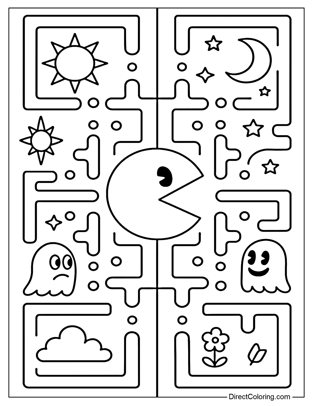 Pac-Man coloring page stands between the sun, flowers on one side, and the moon, stars, ghosts on the other side.