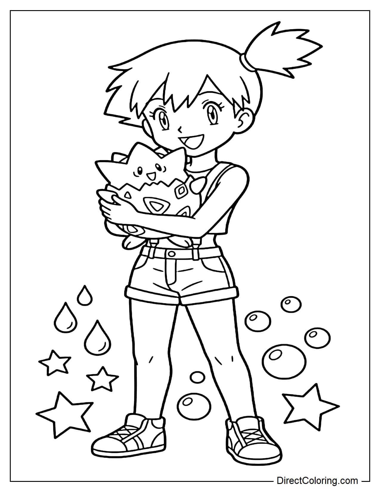 Misty stands happily hugging Togepi to her chest, her signature side-tied hair, her face bright, with some water droplets, bubbles, and a large star underneath.