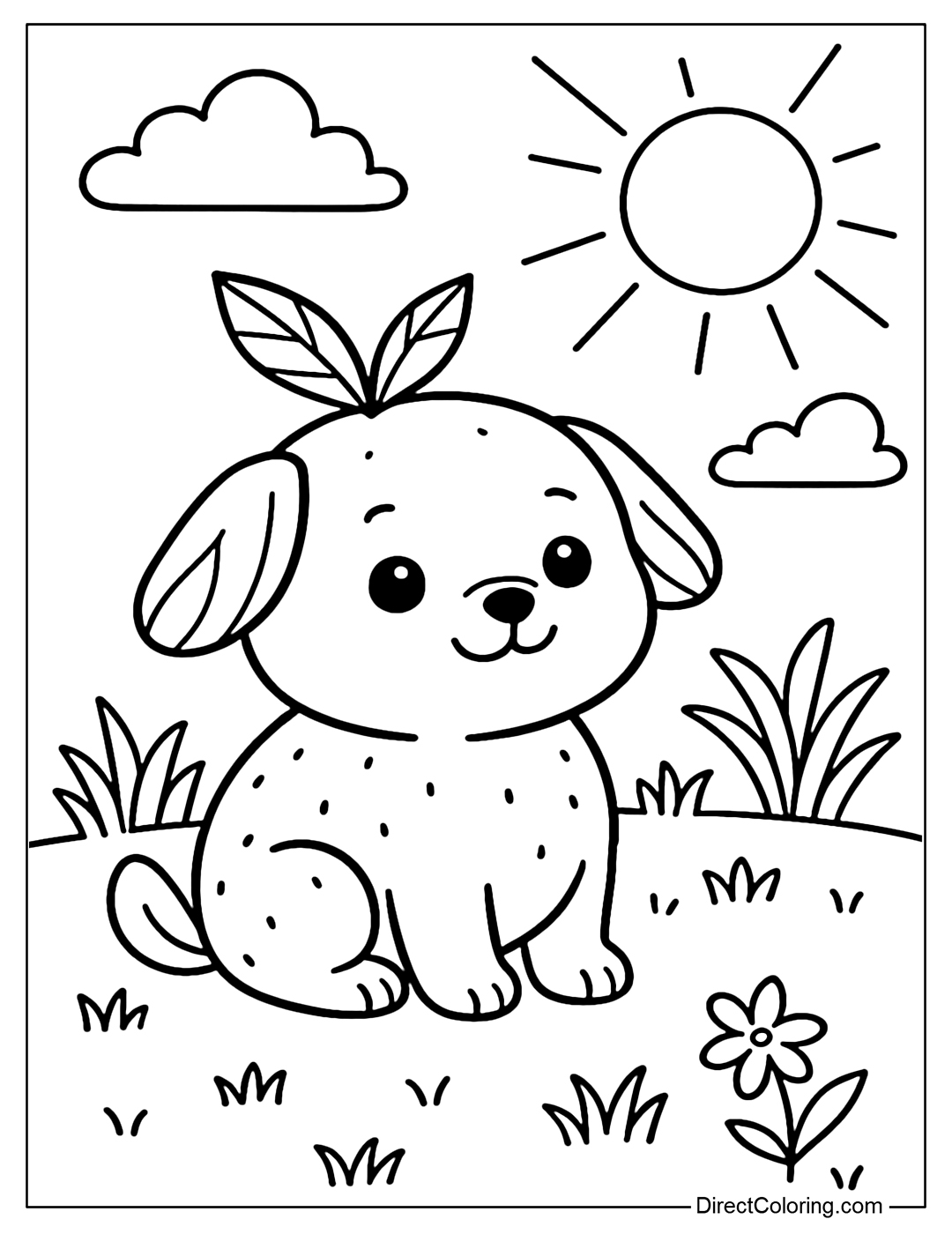 A small orange puppy coloring page with a round orange body like an orange, with leaf-patterned ears. The background is grass and sunshine.
