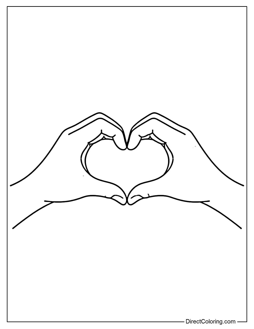 A coloring page featuring two hands reaching in from opposite sides, fingers forming a heart shape.