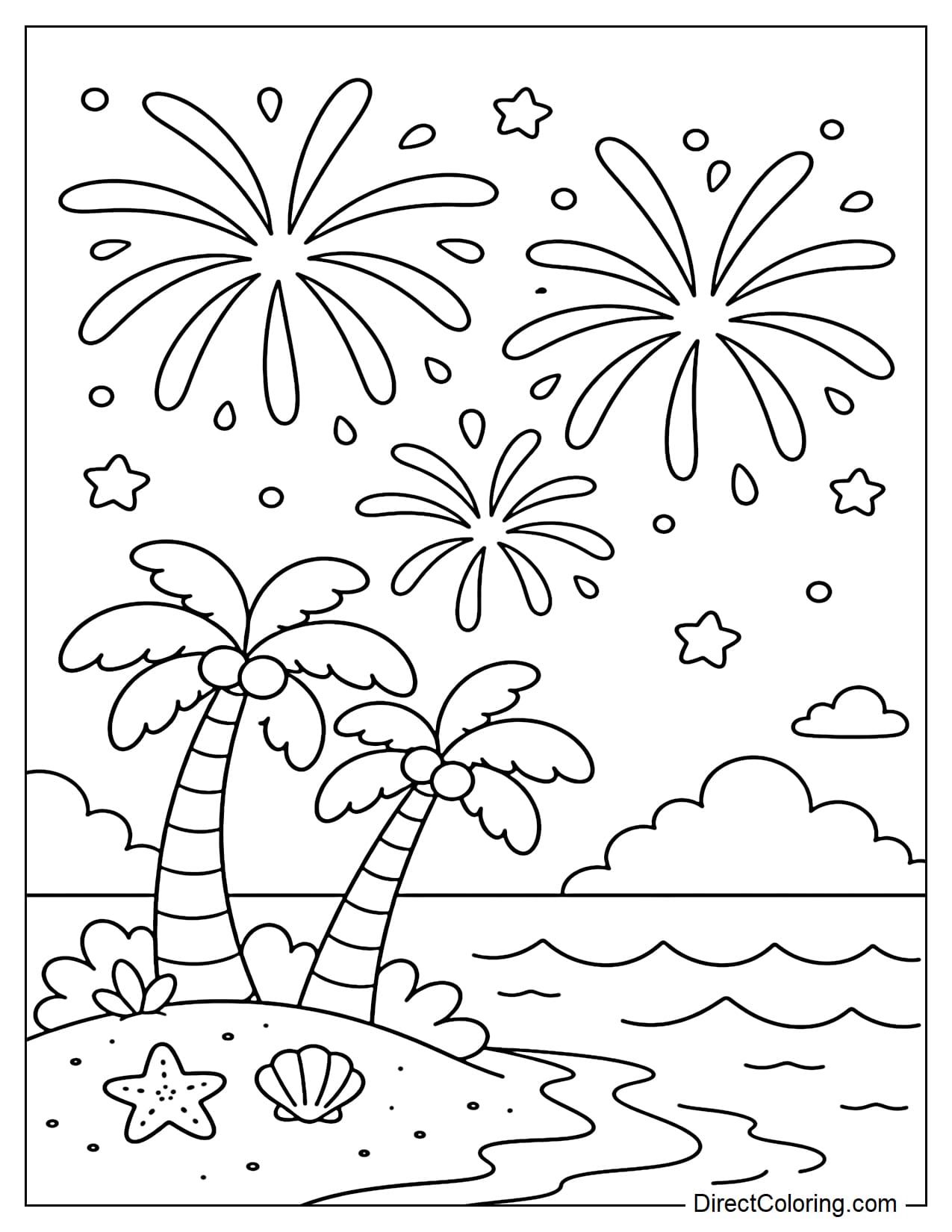 Two small palm trees on the beach under a summer fireworks sky, with gentle waves and large sparks.