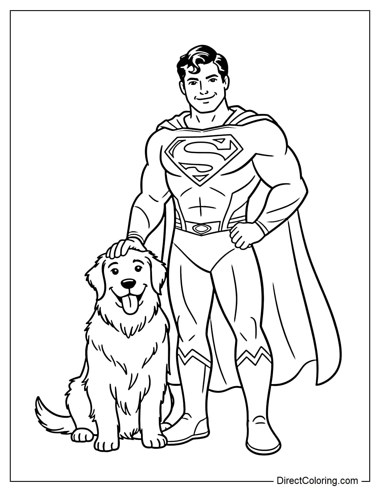 Superman stands next to a cute dog; the layout is simple and child-friendly.