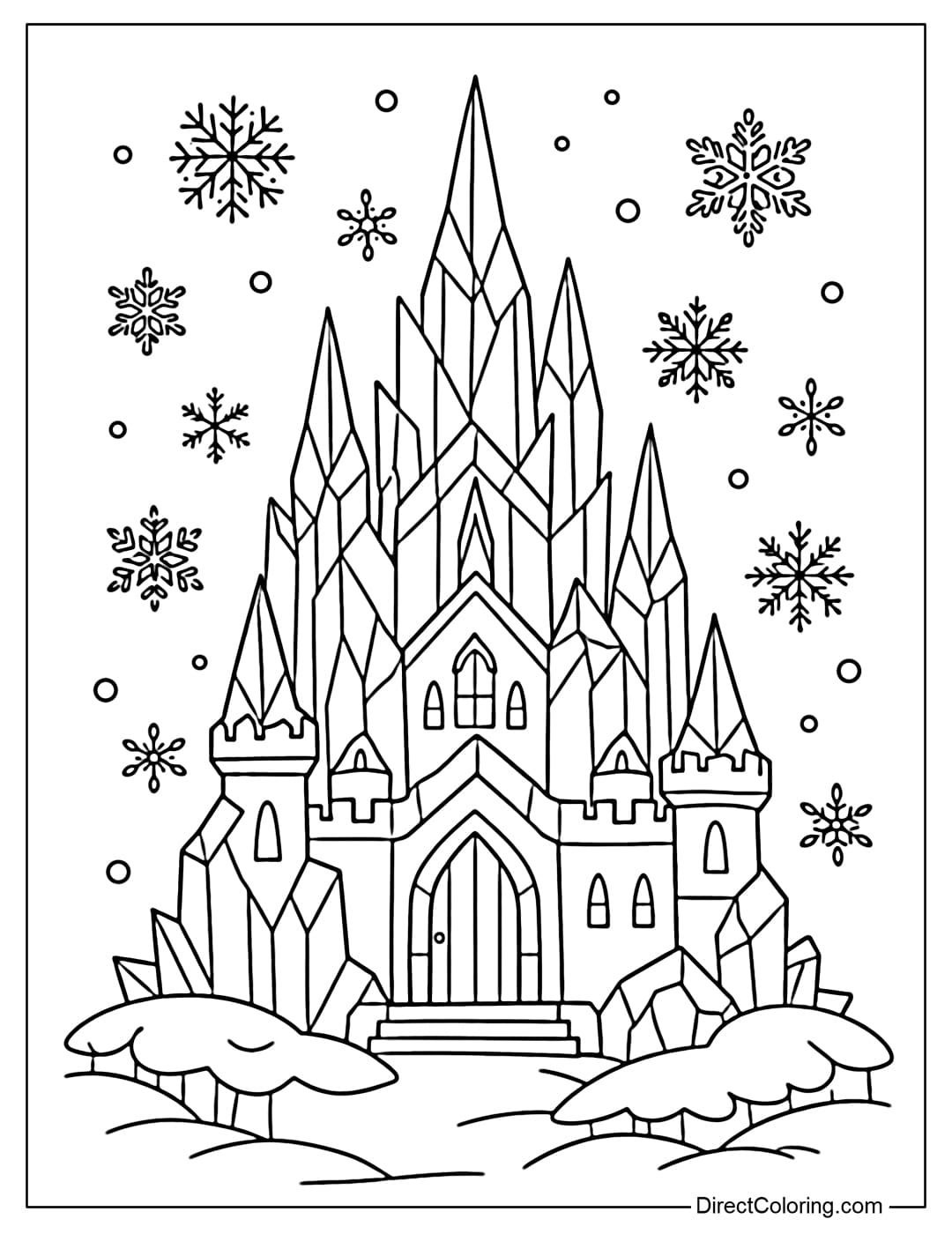A coloring page of a magical ice castle with pointed towers resembling ice crystals and small snowflakes around it, creating a cold yet cute feeling.