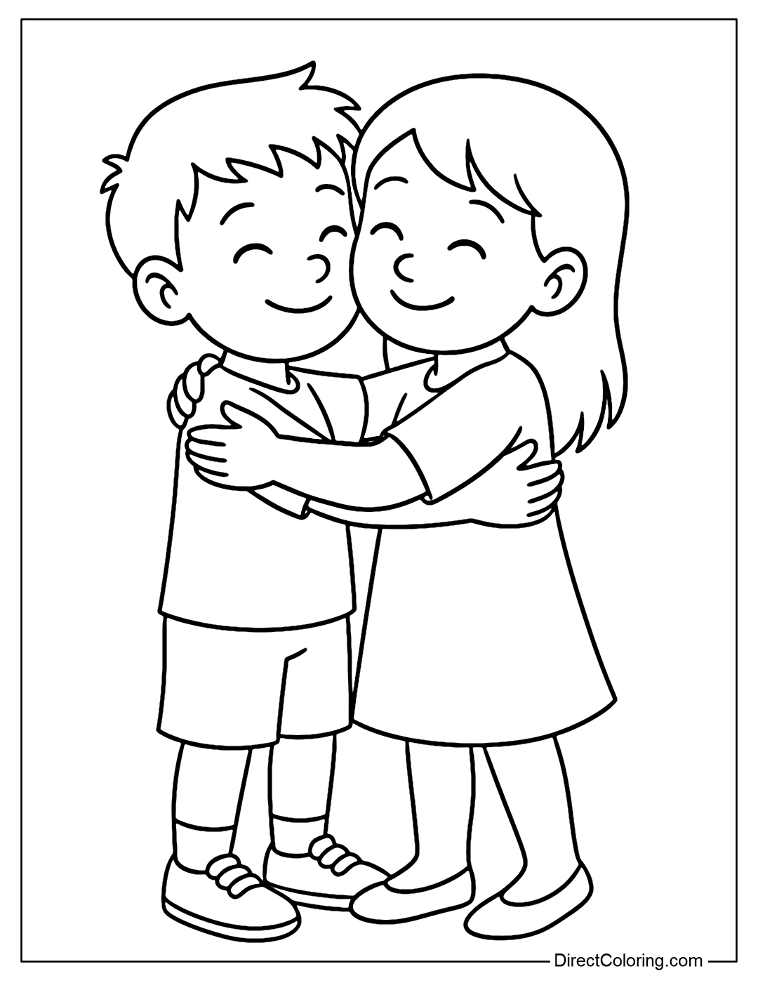 Coloring page of a gentle hug between two friends meeting again after the holidays.