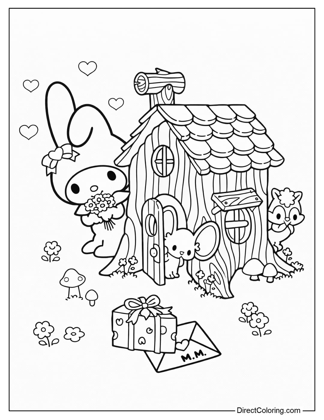 My Melody is standing next to a cute little cottage in the garden, holding a small bouquet of flowers, surrounded by adorable little animals.