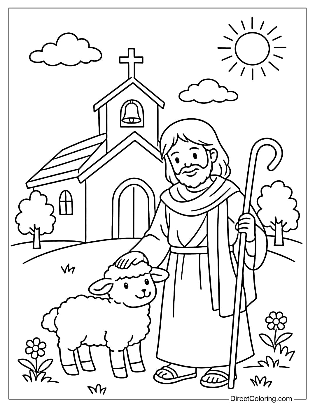 Coloring page of Jesus standing with a little lamb in front of a church.